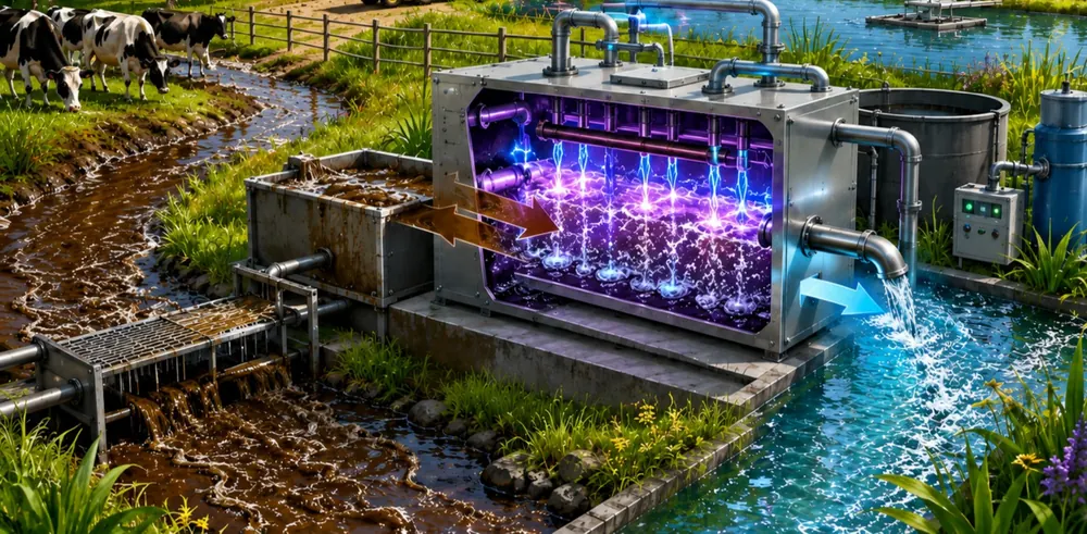 Cold plasma treatment unit beside a farm wastewater channel