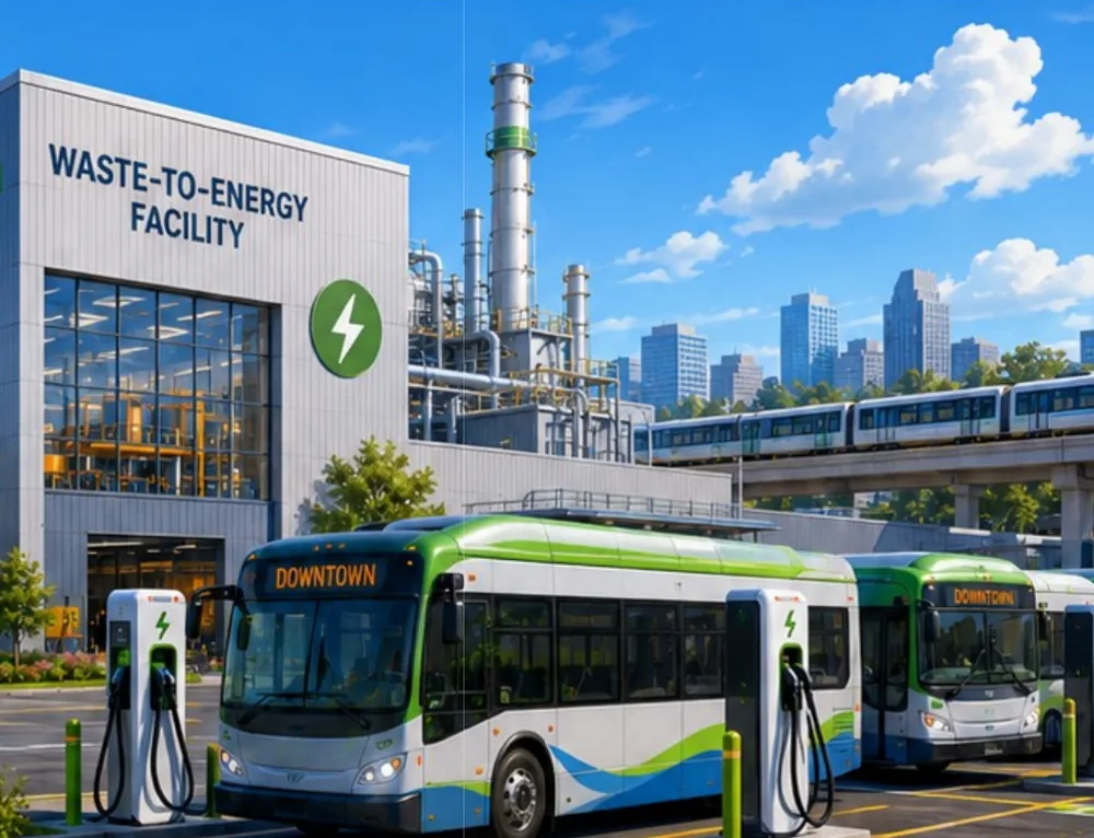 Autobuses eléctricos cargando en una terminal con almacenamiento en baterías