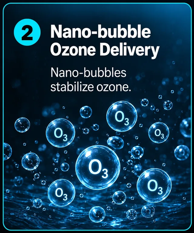 Etapa 2: suministro de ozono con nanoburbujas. Ozono (O3) transportado dentro de nanoburbujas estables.