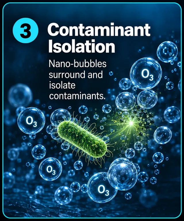 Etapa 3: aislamiento de contaminantes. Las nanoburbujas rodean una bacteria y otros contaminantes.