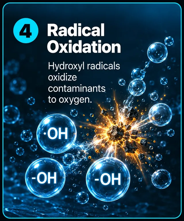 Etapa 4: oxidación por radicales. Los radicales hidroxilo descomponen un contaminante.