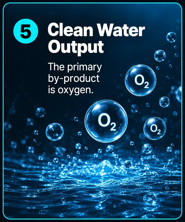 Etapa 5: salida de agua limpia. Burbujas de oxígeno (O2) suben desde el agua limpia.