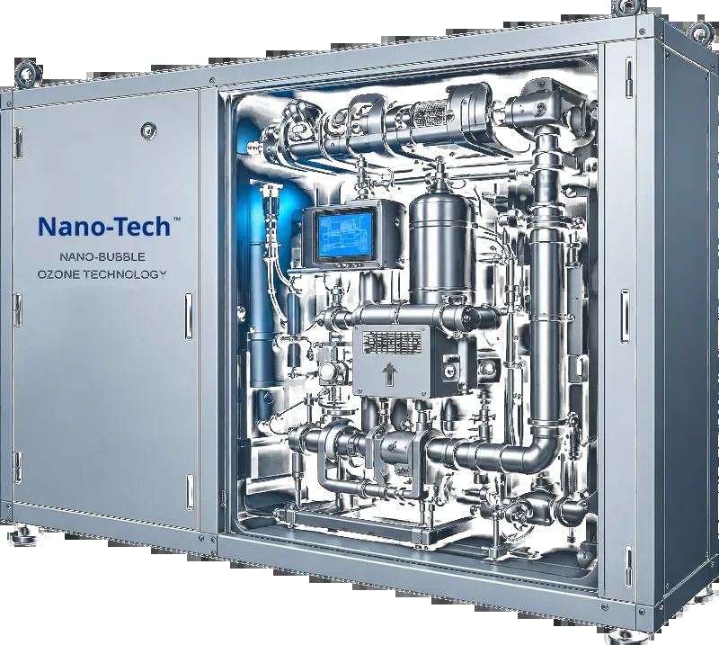 Unidad de tratamiento de ozono con nanoburbujas Nano-Tech con la puerta de acceso abierta.
