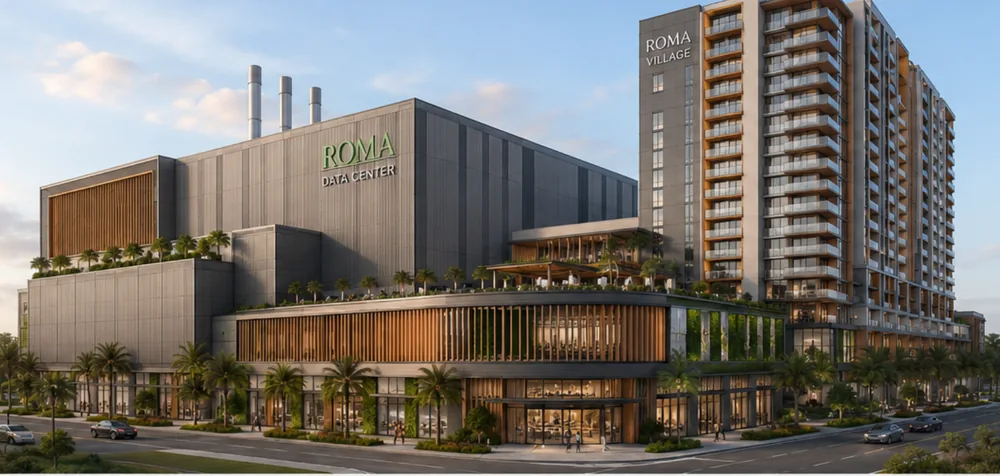 Rendering of the Roma Village concept: a data center with biomass facility, retail podium and an 18-story residential tower