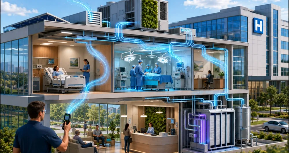 Soluciones de HVAC y de calidad del aire interior ilustradas en un edificio hospitalario