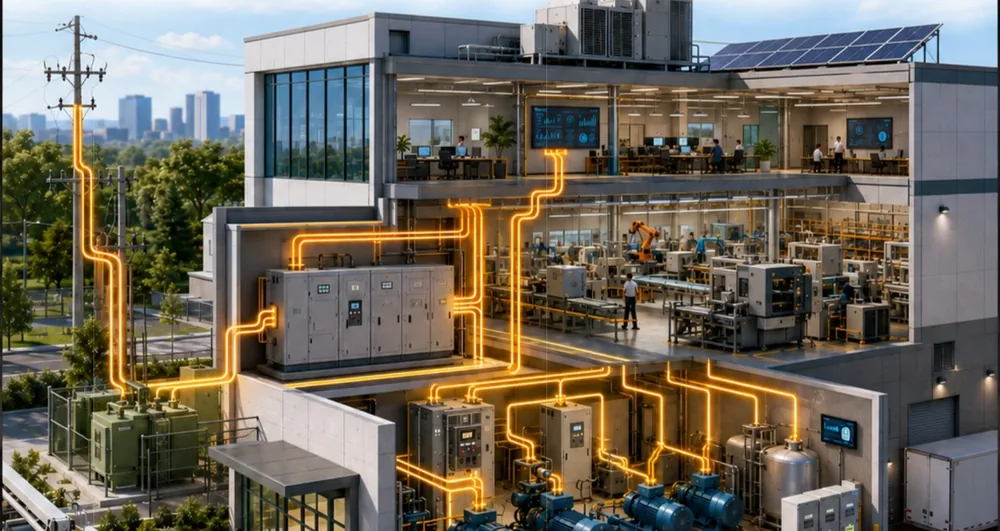 Distribución de energía ilustrada en una instalación de manufactura