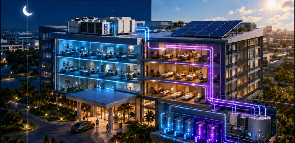 Tanques de almacenamiento de energía térmica que dan servicio a un edificio comercial
